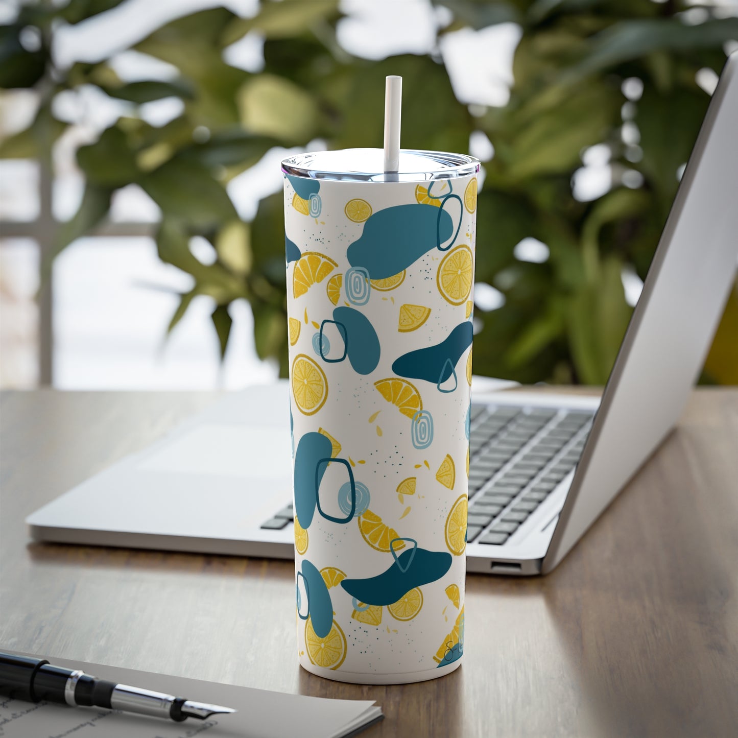 Lemon Teal Skinny Steel Tumbler with Straw, 20oz