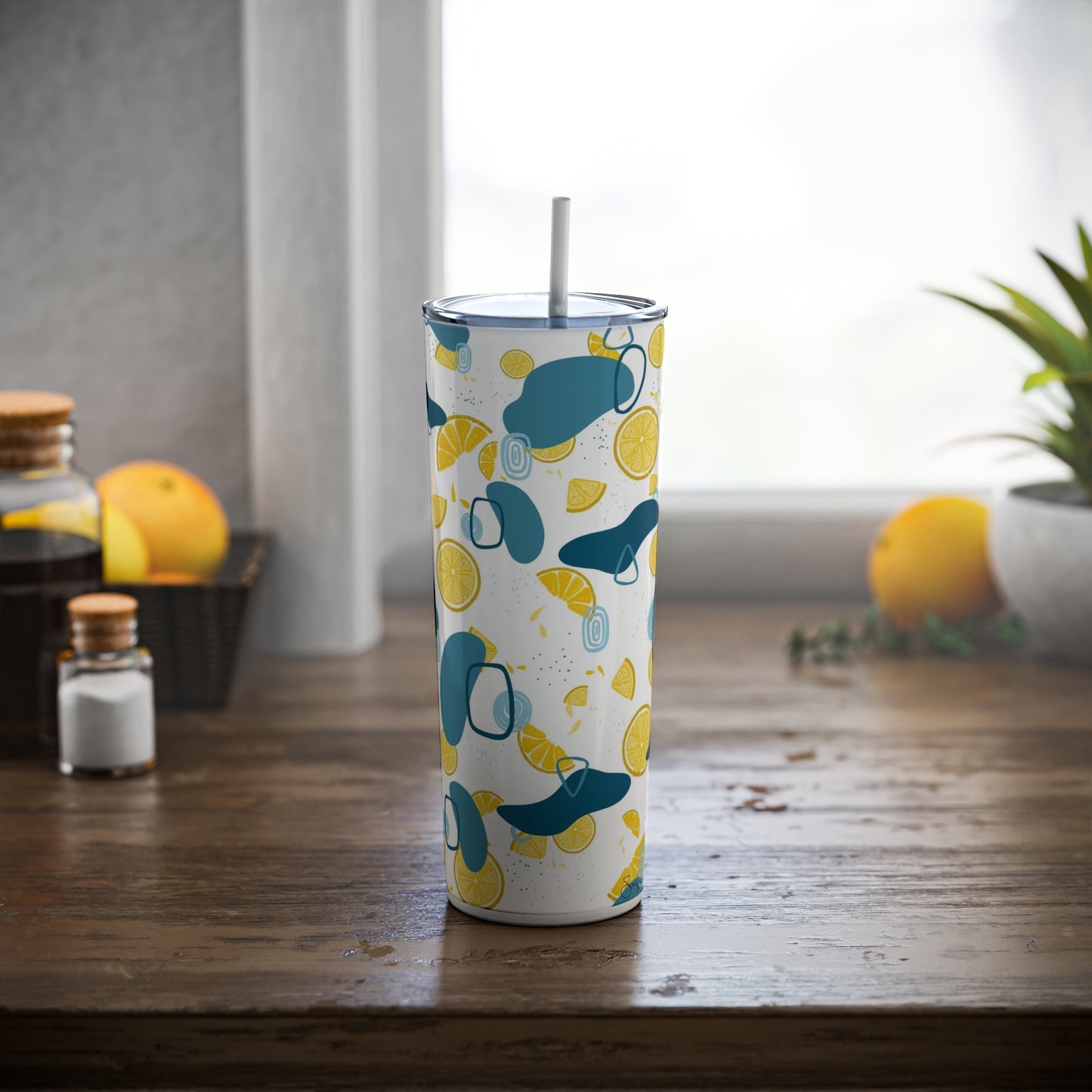 Lemon Teal Skinny Steel Tumbler with Straw, 20oz