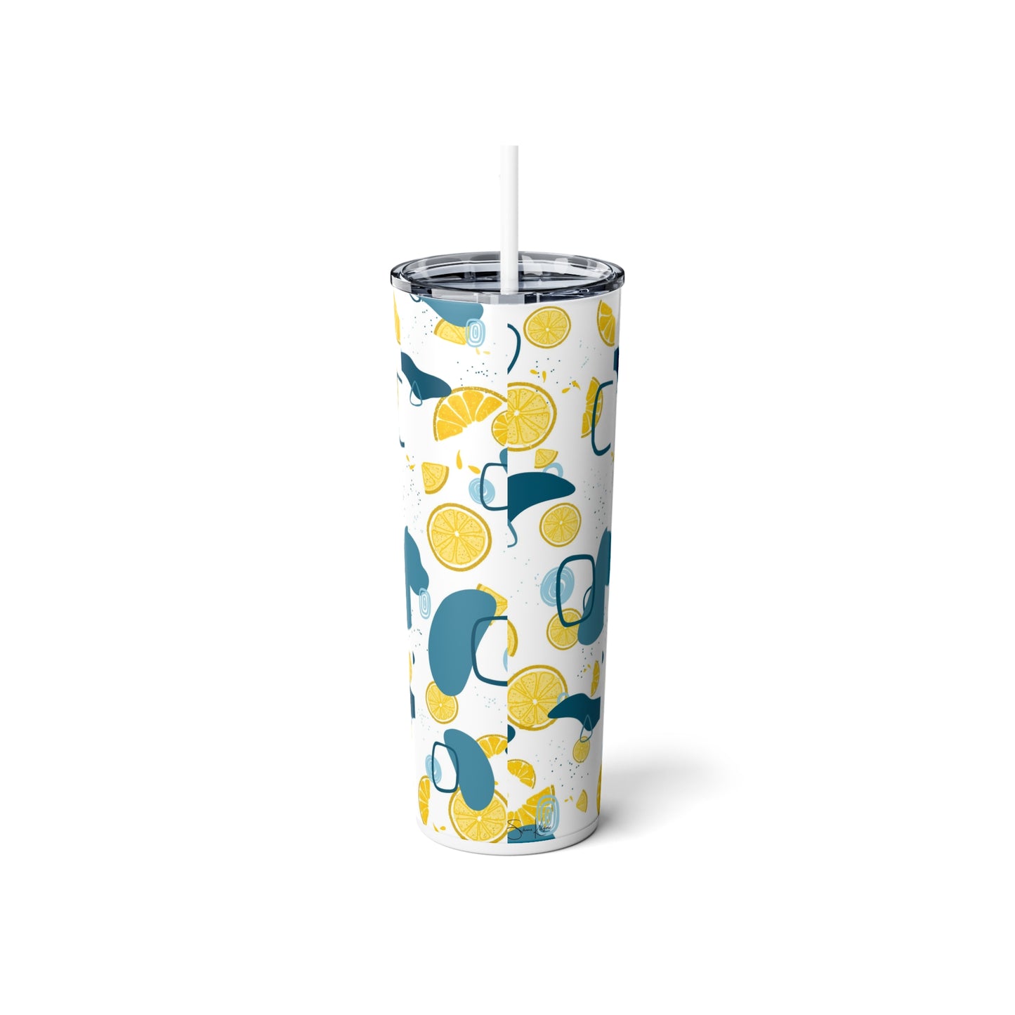 Lemon Teal Skinny Steel Tumbler with Straw, 20oz