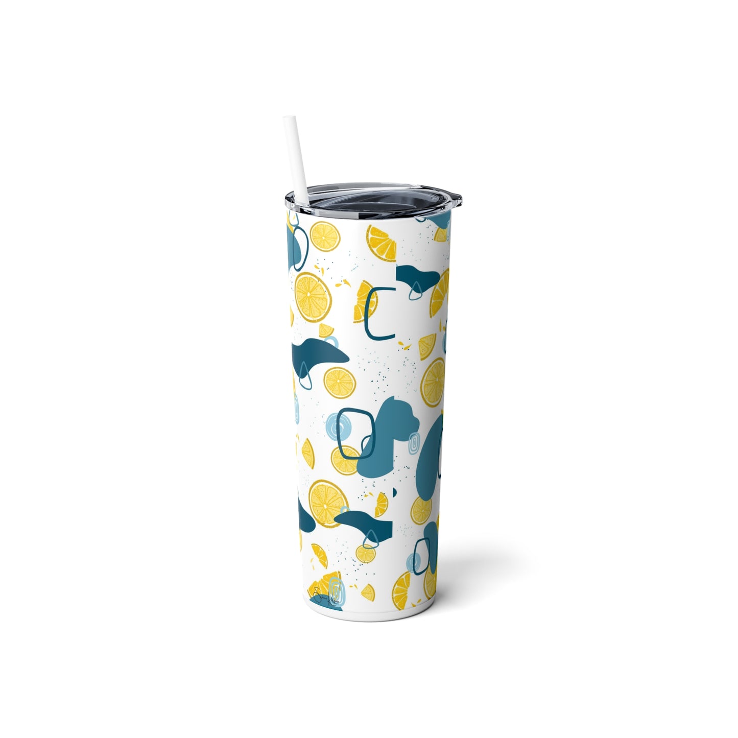 Lemon Teal Skinny Steel Tumbler with Straw, 20oz